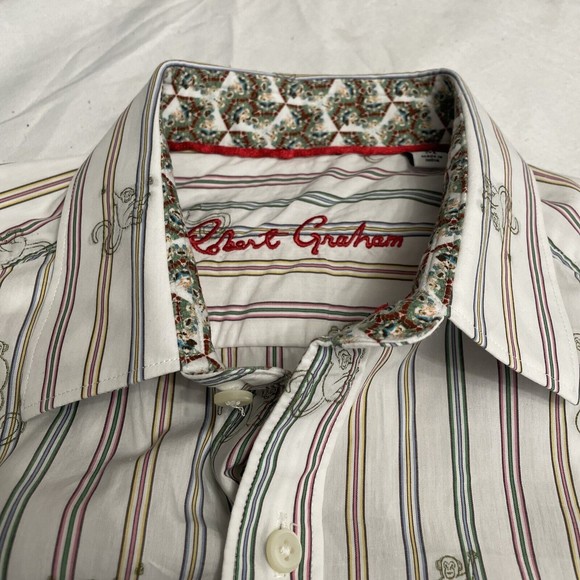 ROBERT GRAHAM MONKEY SEE Sz Med White Blue Yellow Pink Green Striped Men's Shirt - Picture 2 of 5
